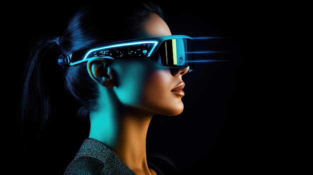 Mujer con gafas inteligentes tecnología futurista concepto Metaverso