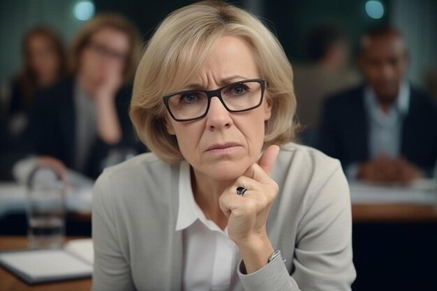 una mujer con gafas y un marco negro está sentada frente a un grupo de personas