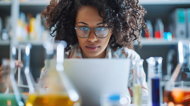 Una mujer con gafas mira atentamente una computadora portátil en un laboratorio