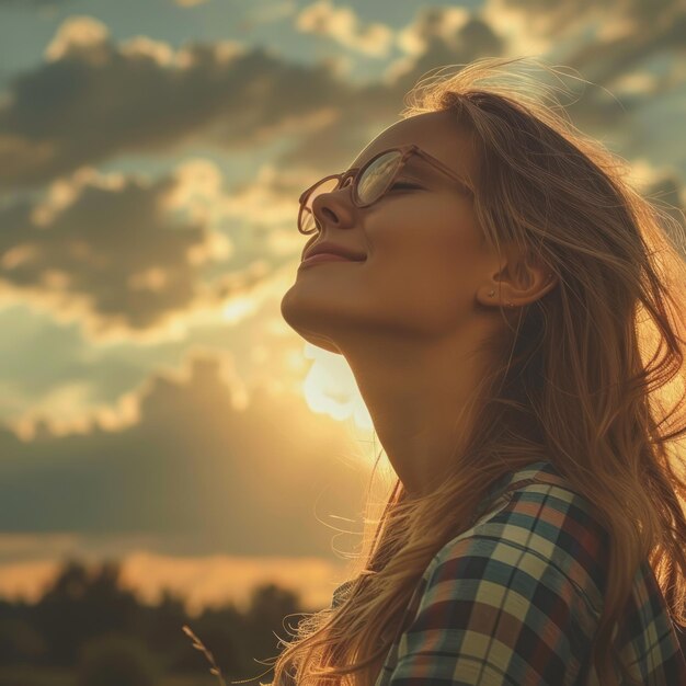 Foto mujer con gafas mirando hacia arriba