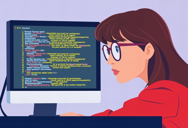 Foto mujer con gafas mirando atentamente la pantalla de la computadora que muestra el código