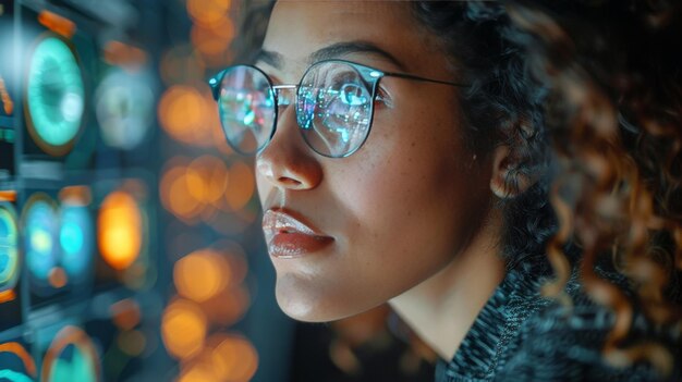 Foto mujer con gafas mirando a la cámara