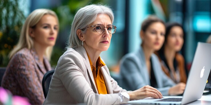 una mujer con gafas mirando una computadora portátil