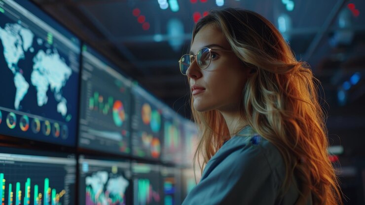 Foto una mujer con gafas mirando una pantalla de computadora con un gráfico que muestra la hora de 4 30
