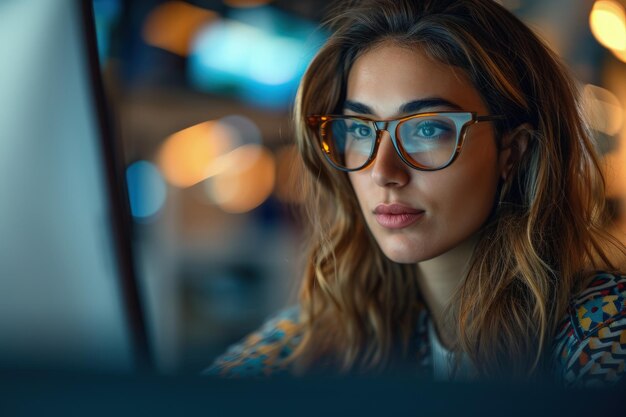 Mujer con gafas mirando la pantalla de la computadora