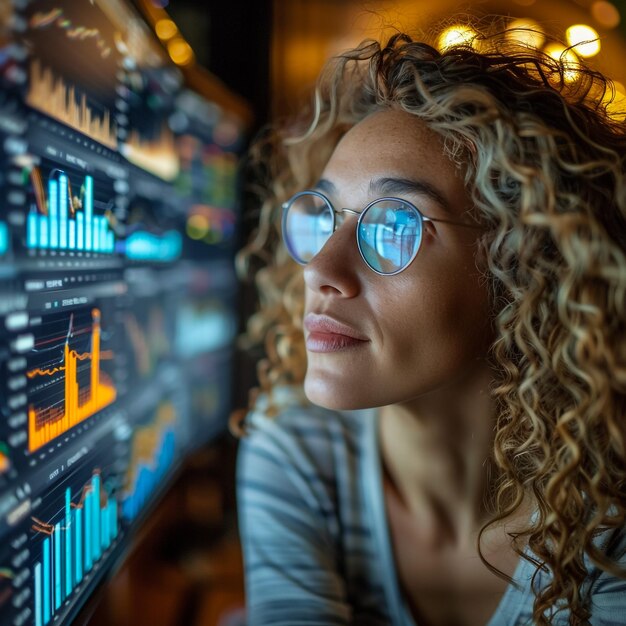 Foto una mujer con gafas mirando una pantalla con gráficos en ella