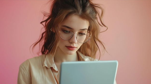 Una mujer con gafas mirando su tableta