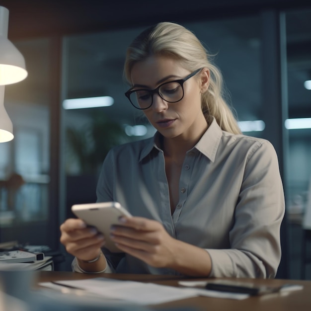 Una mujer con gafas mirando su teléfono mientras está sentada en un escritorio.