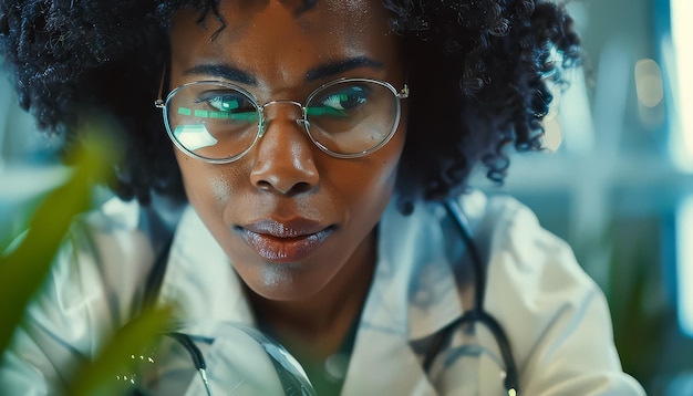 Foto una mujer con gafas está mirando a través de un microscopio