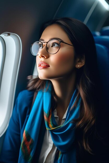 una mujer con gafas mirando por una ventana mientras mira por un avión