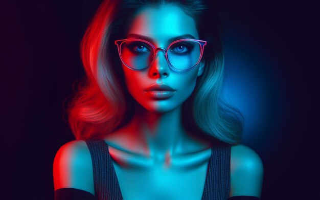 Mujer con gafas de moda luces de neón púrpura azul rojo estilo y tecnología retro tonos oscuros