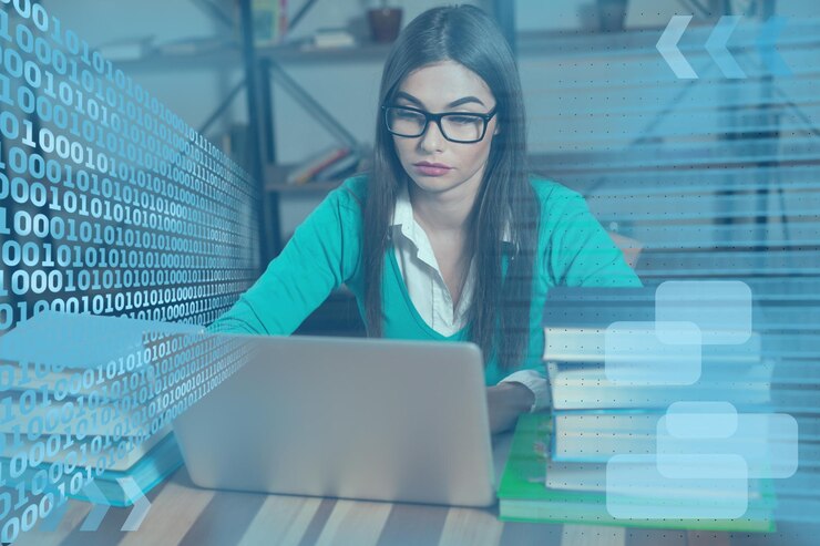 Foto una mujer con gafas con muchos libros y una computadora portátil está sentada en la mesa