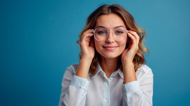 Mujer con gafas de negocio aislado en fondo azul