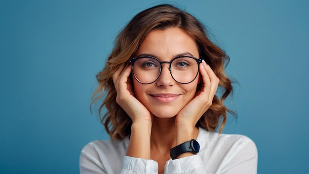 Mujer con gafas de negocio aislado en fondo azul