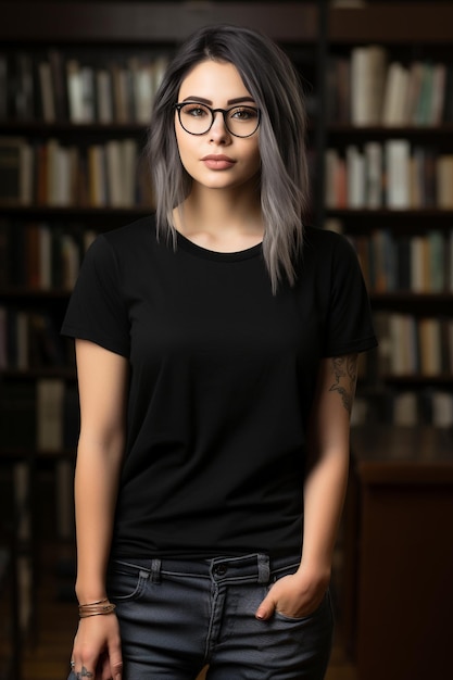 Foto una mujer con gafas negras que lleva una camiseta gruesa de cuello de tripulación 3001 de bella canvas en una biblioteca