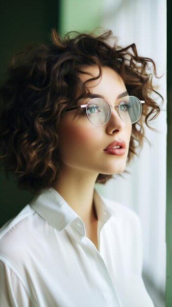 Mujer con gafas de pelo corto y rizado