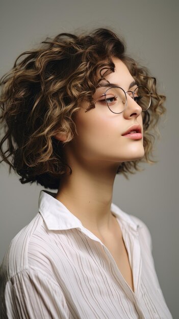 Mujer con gafas de pelo corto y rizado