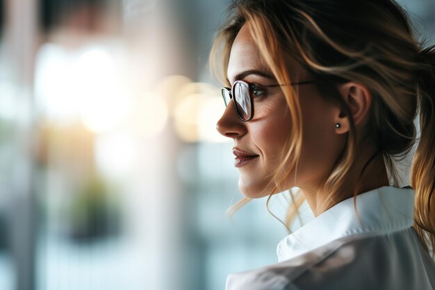 Mujer con gafas perdida en el pensamiento Vista lateral