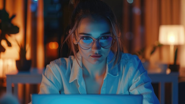 La mujer con gafas planea el horario escribe notas en la computadora portátil