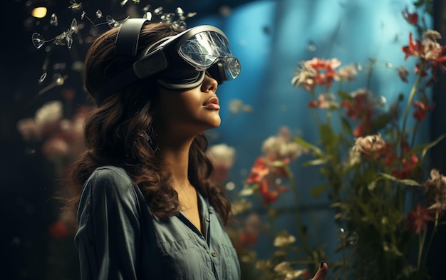 Foto mujer con gafas de protección frente a las flores ia generativa