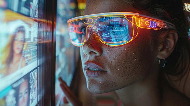 Foto una mujer con gafas de protección con la palabra m en ella