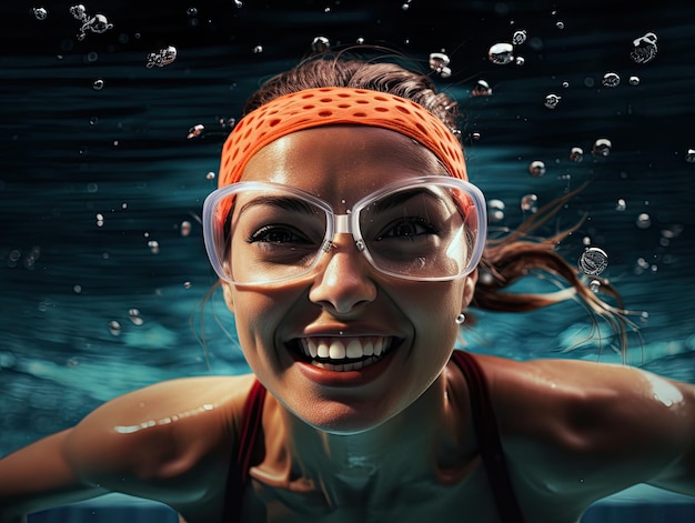 una mujer con gafas de protección y sonriendo