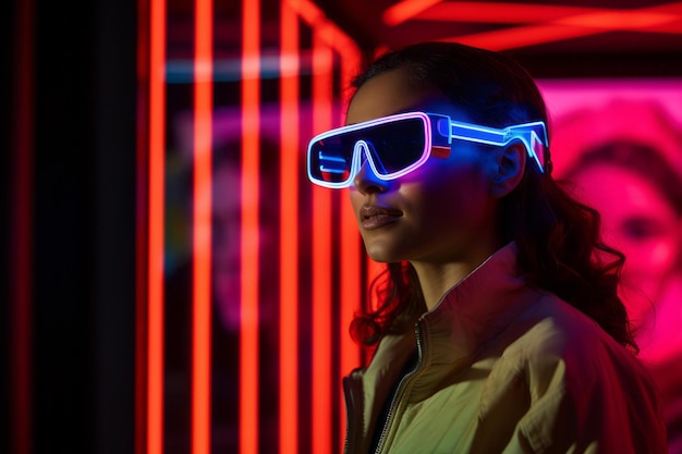 Mujer con gafas de realidad aumentada en luces de neón