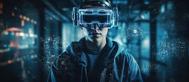 Mujer con gafas de realidad virtual en el ciberespacio del metaverso con realidad aumentada de la futura IA generativa