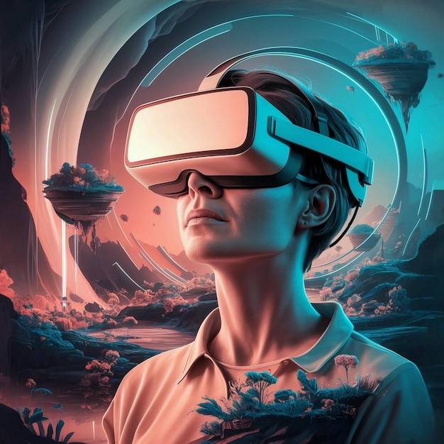 Mujer con gafas de realidad virtual en una ciudad futurista por Generative AI