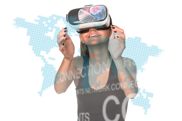 Foto mujer con gafas de realidad virtual. concepto de tecnología futura.