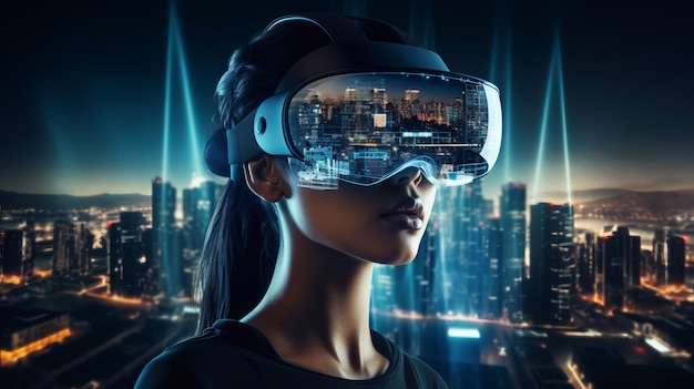 Mujer con gafas de realidad virtual Concepto de tecnología del futuro