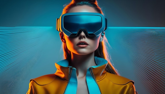 Una mujer con gafas de realidad virtual con una luz azul detrás de ella.