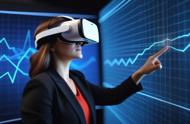 Mujer con gafas de realidad virtual mira gráficos de trabajo del futuro