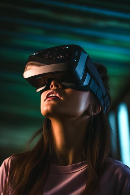 Foto una mujer con gafas de realidad virtual con la palabra esp en la parte inferior