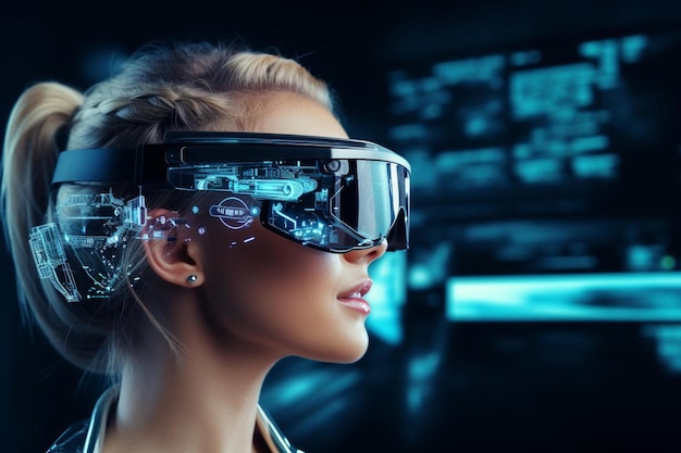 una mujer con gafas de realidad virtual con la pantalla que muestra a una mujer que usa gafas