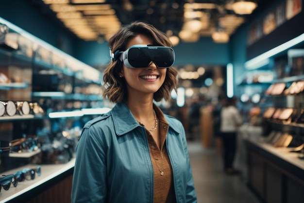 Mujer con gafas de realidad virtual de pie en una tienda