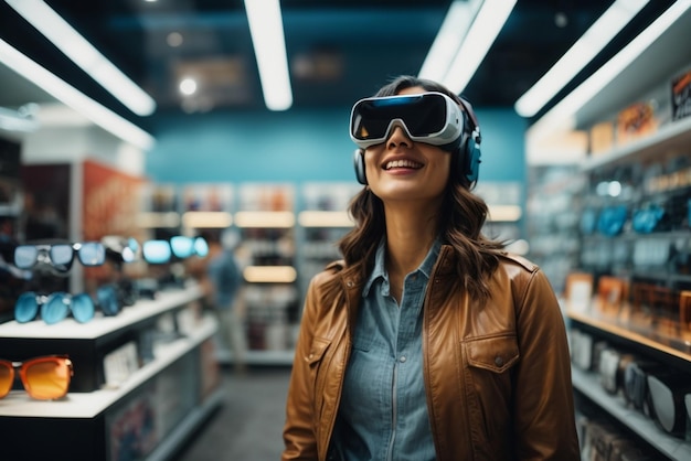 Mujer con gafas de realidad virtual de pie en una tienda