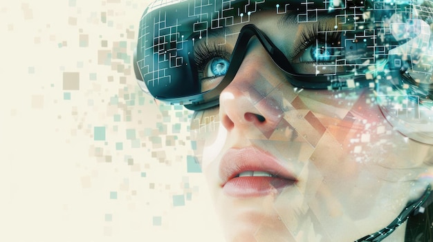 Foto una mujer con gafas de realidad virtual que representan la tecnología de realidad virtual aigx04