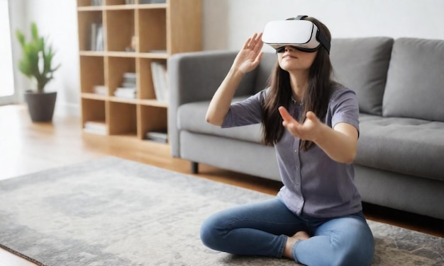 una mujer con gafas de realidad virtual se sienta en una alfombra