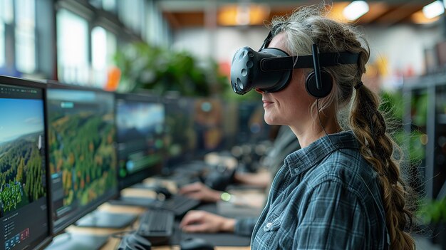 una mujer con gafas de realidad virtual se sienta frente a un monitor