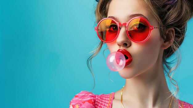 una mujer con gafas rojas con una corbata rosa y un vestido rosado con puntos de polca