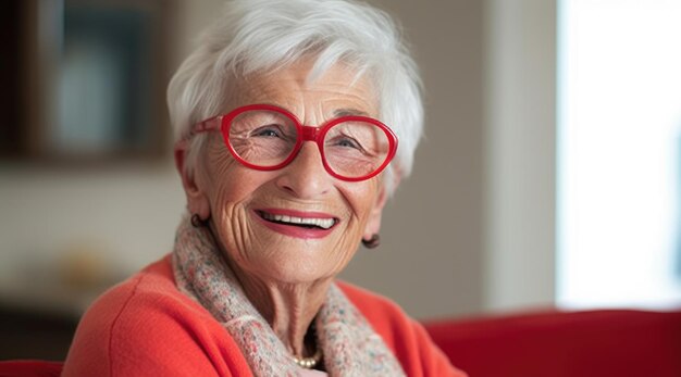 Una mujer con gafas rojas y gafas rojas.