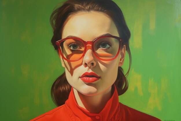 Una mujer con gafas en rojo y verde.