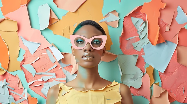 Foto una mujer con gafas rosadas y una camisa amarilla con la palabra im una cita en él