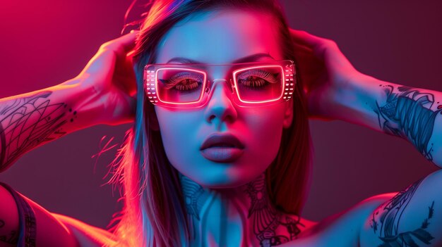 Mujer con gafas rosadas y tatuajes