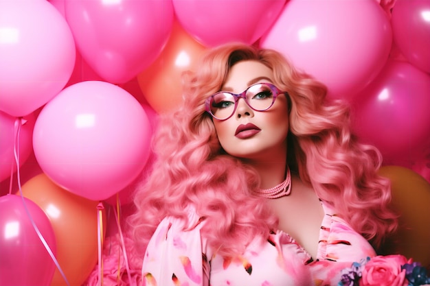 Una mujer con gafas rosas y una camisa rosa con un montón de globos al fondo.