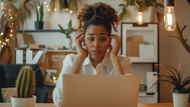 Una mujer con gafas sentada en un escritorio con una computadora portátil