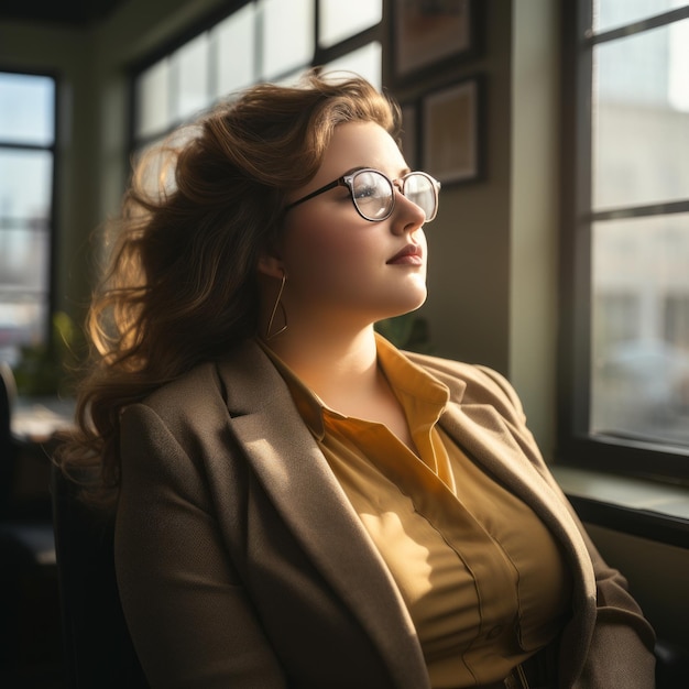 una mujer con gafas sentada frente a una ventana