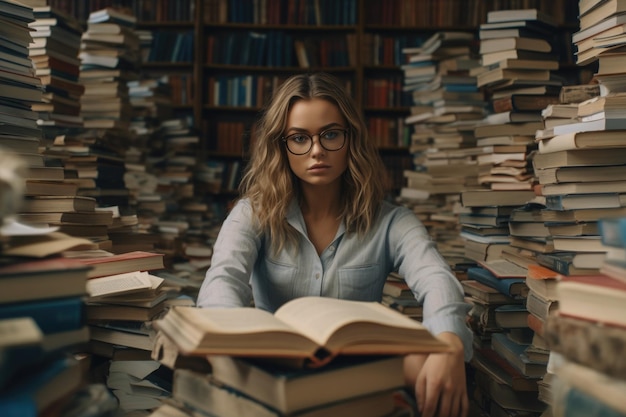 Mujer con gafas sentada bajo una pila de libros al estilo del verdadismo