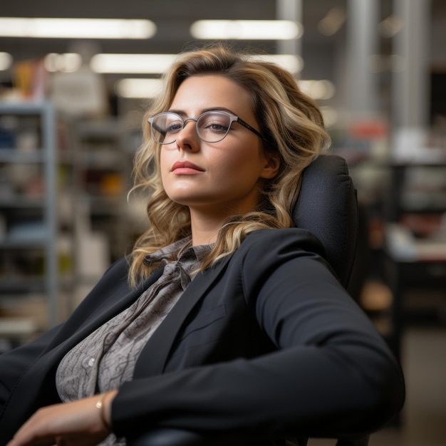 una mujer con gafas sentada en una silla de oficina